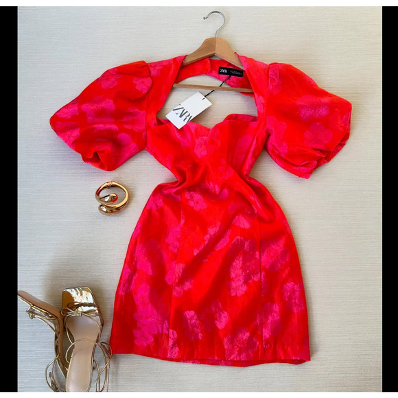 ZARA Open Back Mini Dress Puff Sleeve Fuchsia NWT - Picture 15 of 16